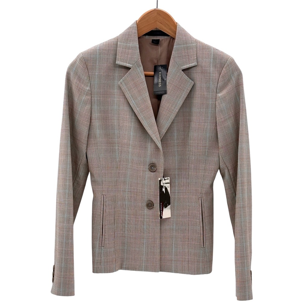 Express Blazer Suit Jacket Women Size 2 Plaid Tan Classic Fit Luxury Stretch New